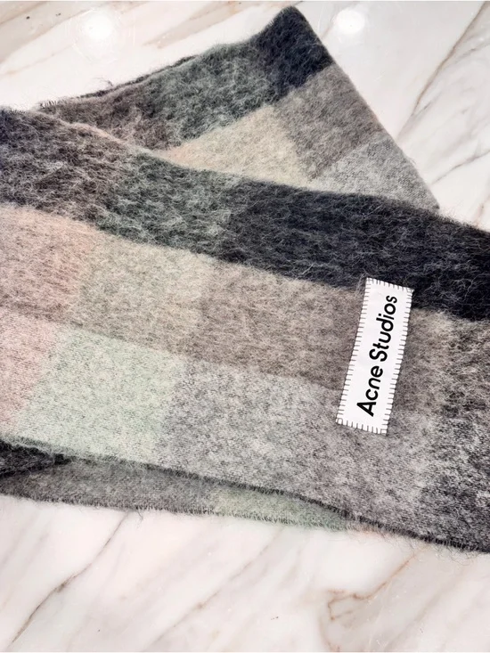 Acne Wool Blend Scarf in Gray, Charcoal and Mint Check - Picture 3 of 5